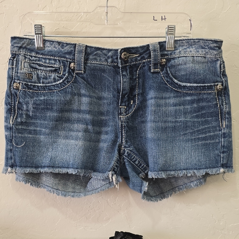 Miss Me Blue Washed Frayed Hem Denim Shorts